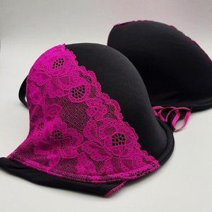 La Senza Bra 38DD Black and Magenta Lace Accents Criss Cross Front Push Up
